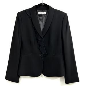 Tahari Arthur Levine Black Suit Jacket / Blazer 100% Silk Ruffle Detail Size 14